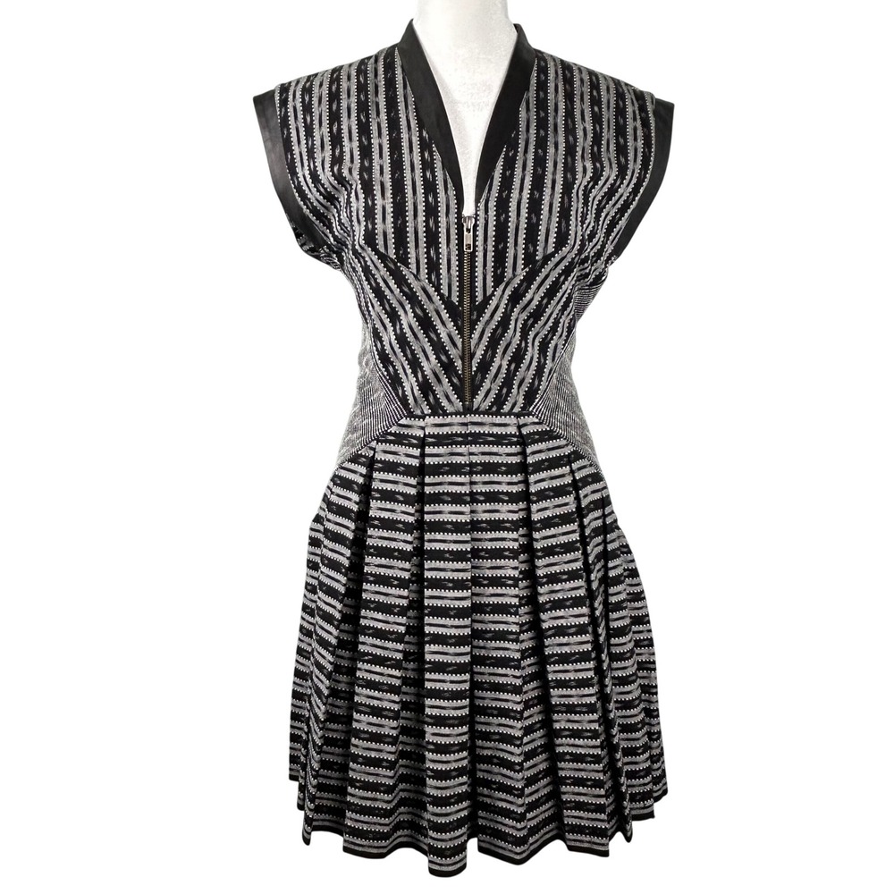 Cut25 by Yigal Azrouel Jet Black White Striped Leather Trim Pleated Mini Dress 8